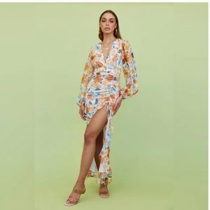 Floral Maxi Dress with Balloon Sleeves and Adjustable Split